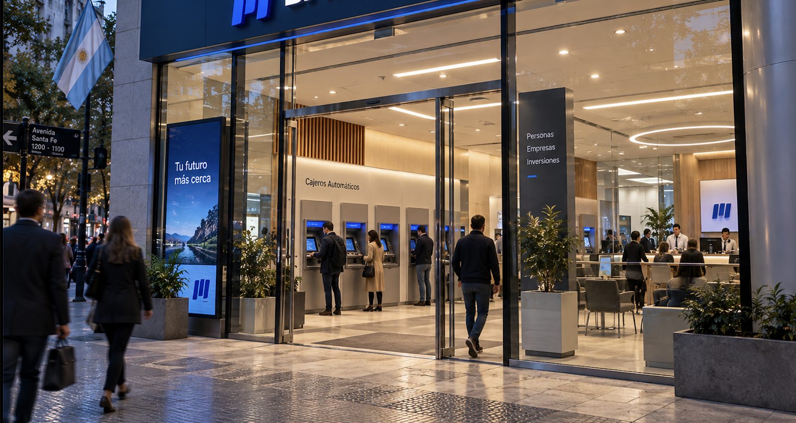 Sucursal bancaria con cajeros automáticos y atención al cliente
