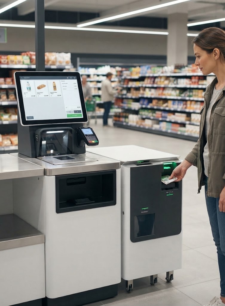 BR R900 cash recycler at a supermarket self-checkout